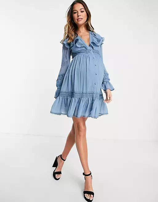 ASOS DESIGN Maternity lace insert mini dress with ruffle detail and button through | ASOS (Global)
