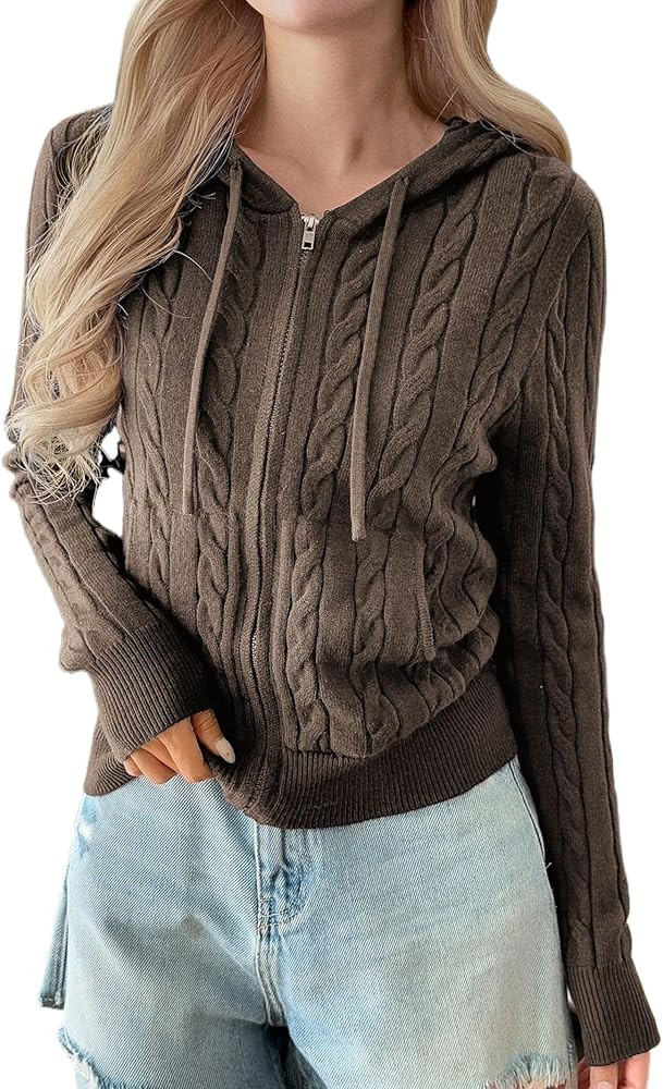 Women's Y2k Zip Up Hoodies Cardigan Fall Winter Trendy Cropped Top Cable Knit Sweater Fashion Chu... | Amazon (US)