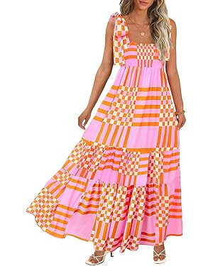 Women's Summer Maxi Dress Boho Spaghetti Straps Casual Long A-line Smocked Beach Dress Square Nec... | Amazon (US)