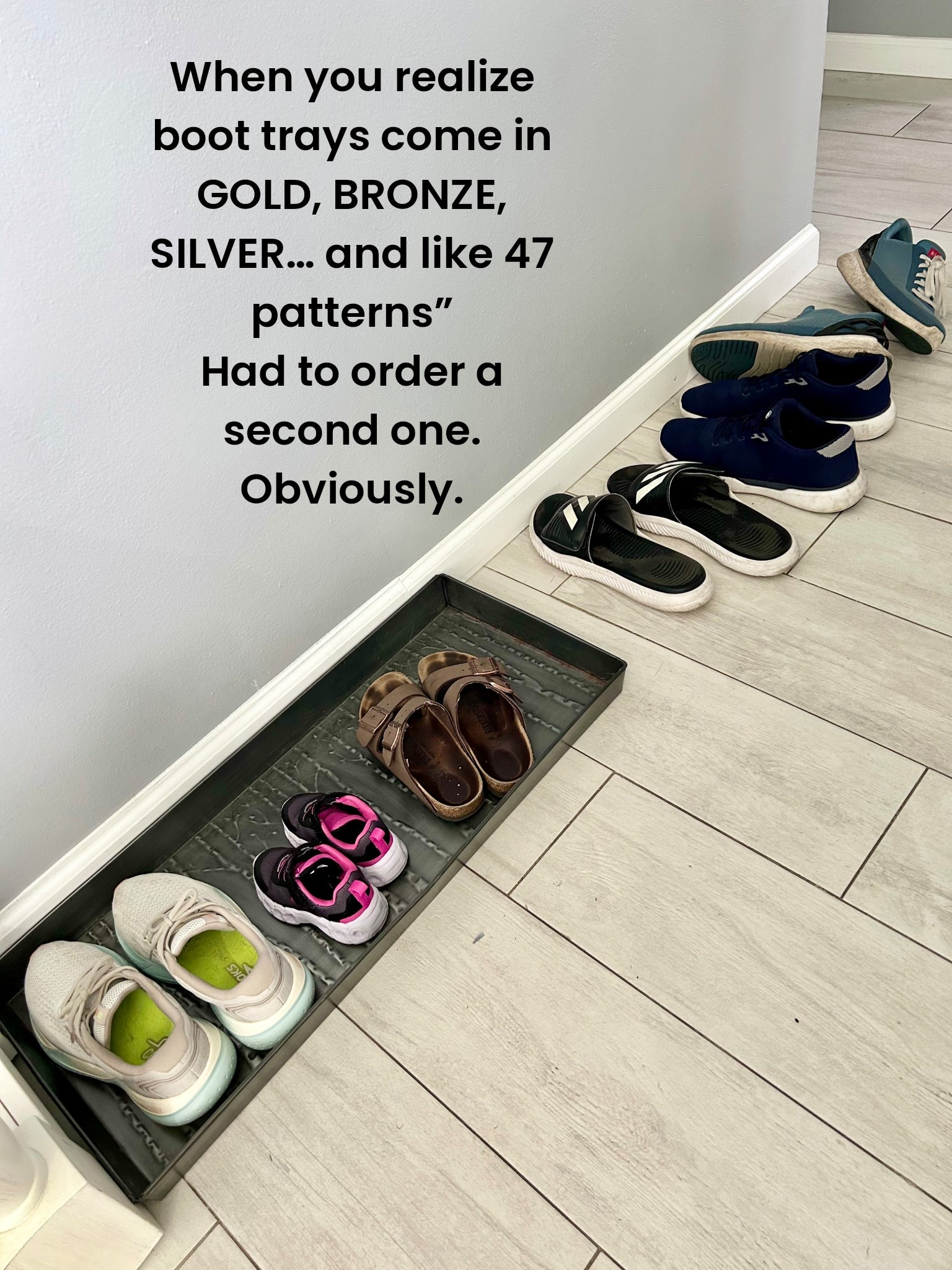 When I said we needed a boot tray, I didn’t realize I was entering my home decor era. These things come in every color and pattern imaginable—gold, bronze, silver… leopard print?? I mean, how do you not get a second one? Entryway essential turned statement piece.
.
#AmazonFinds #EntrywayGoals #MomLife #HomeStyle #BootTrayButMakeItCute

#LTKShoeCrush #LTKFamily #LTKHome