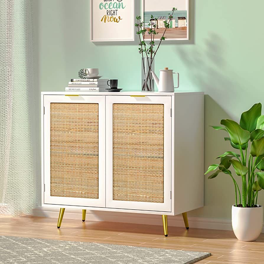 Anmytek Rattan Cabinet, Modern White Sideboard Buffet Storage Cabinet Accent Cabinet with 2 Doors... | Amazon (US)