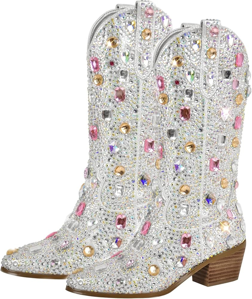 Richealnana Sparkly Rhinestones Cowboy Cowgirl Style Boots Calf High Boots for Women 2INCH Heeled... | Amazon (US)