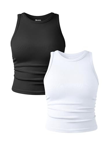 OQQ Women's 2 Piece Tank Tops Crew Neck Sleeveless Basic Stretch Casusal Yoga Crop Camis Black White | Amazon (US)