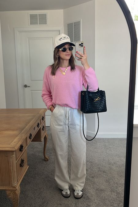 4/24/24 Pink casual spring outfit details🫶🏼 Pink outfit, casual spring style, casual spring outfits, spring outfit inspo, spring outfits, spring fashion 2024, pink sweater, linen pants, white linen pants, white linen pants outfit, Adidas samba sneakers, Adidas samba sneakers outfit 
