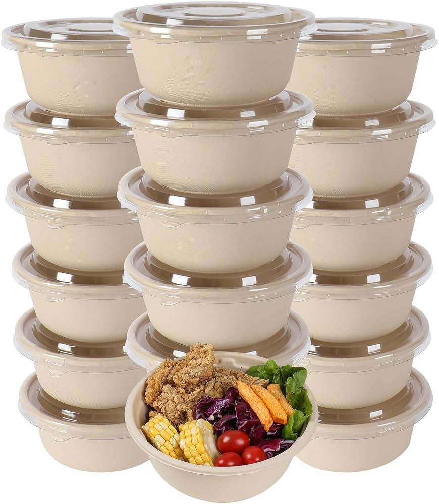 37 oz Disposable salad bowls with lids, Sugarcane Fiber Paper Bowls take away food containers Pla... | Amazon (US)