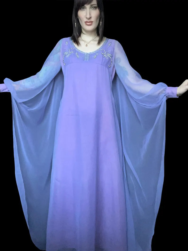 Vintage 1970's Fairy Godmother Lavender Chiffon Beaded Angel Goddess Cape Sleeve Gown Caftan by C... | Etsy (Global)