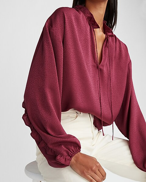 Textured Jacquard Ruffle Tie Neck Top | Express