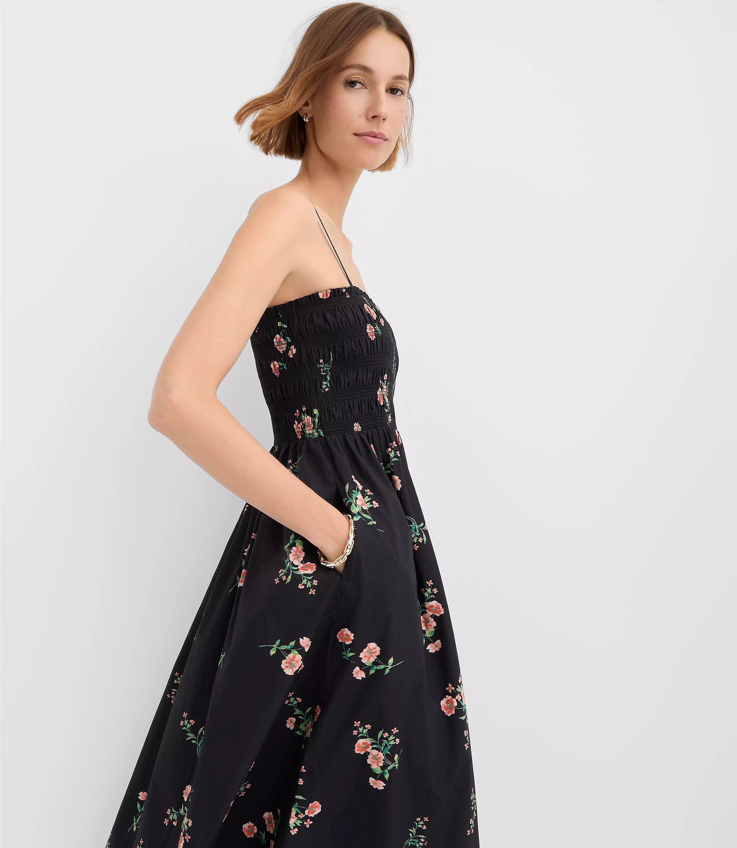 Floral Poplin Smocked Strappy Maxi Dress | LOFT