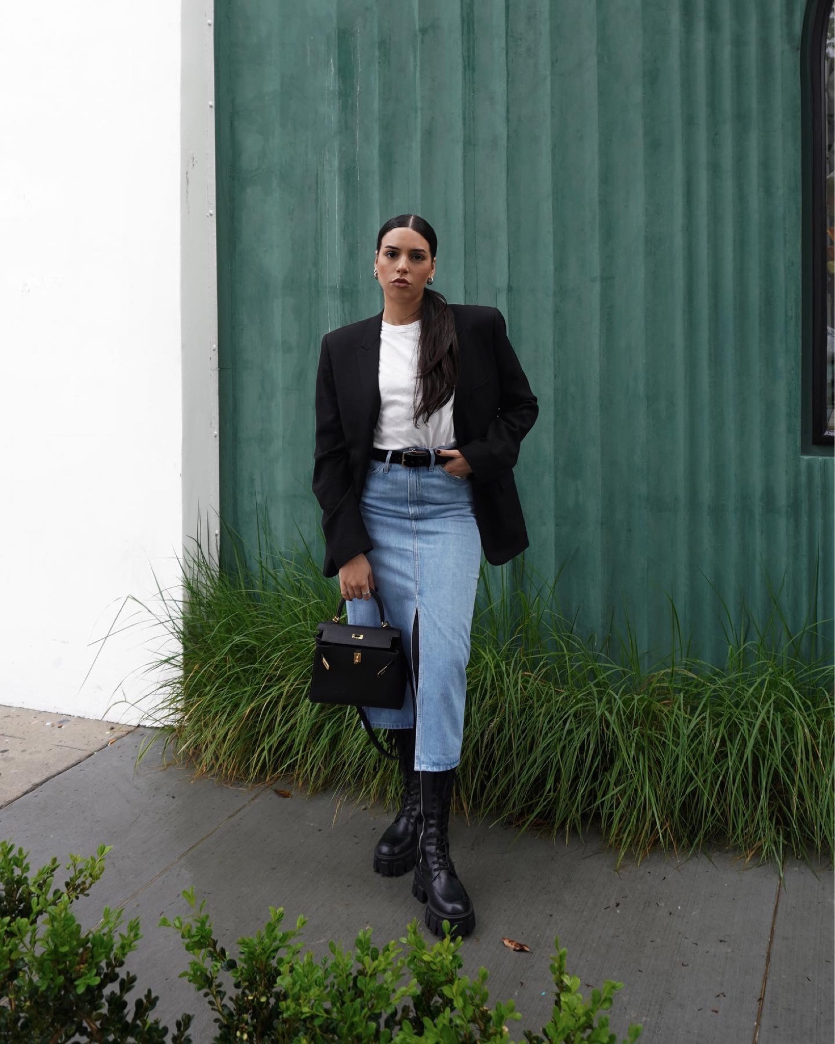 T-shirt Zara, Blazer Men’s Saint Laurent, Skirt is by Frame linked, boots Prada Monolith linked, bag Hermes, earrings Amazon linked  