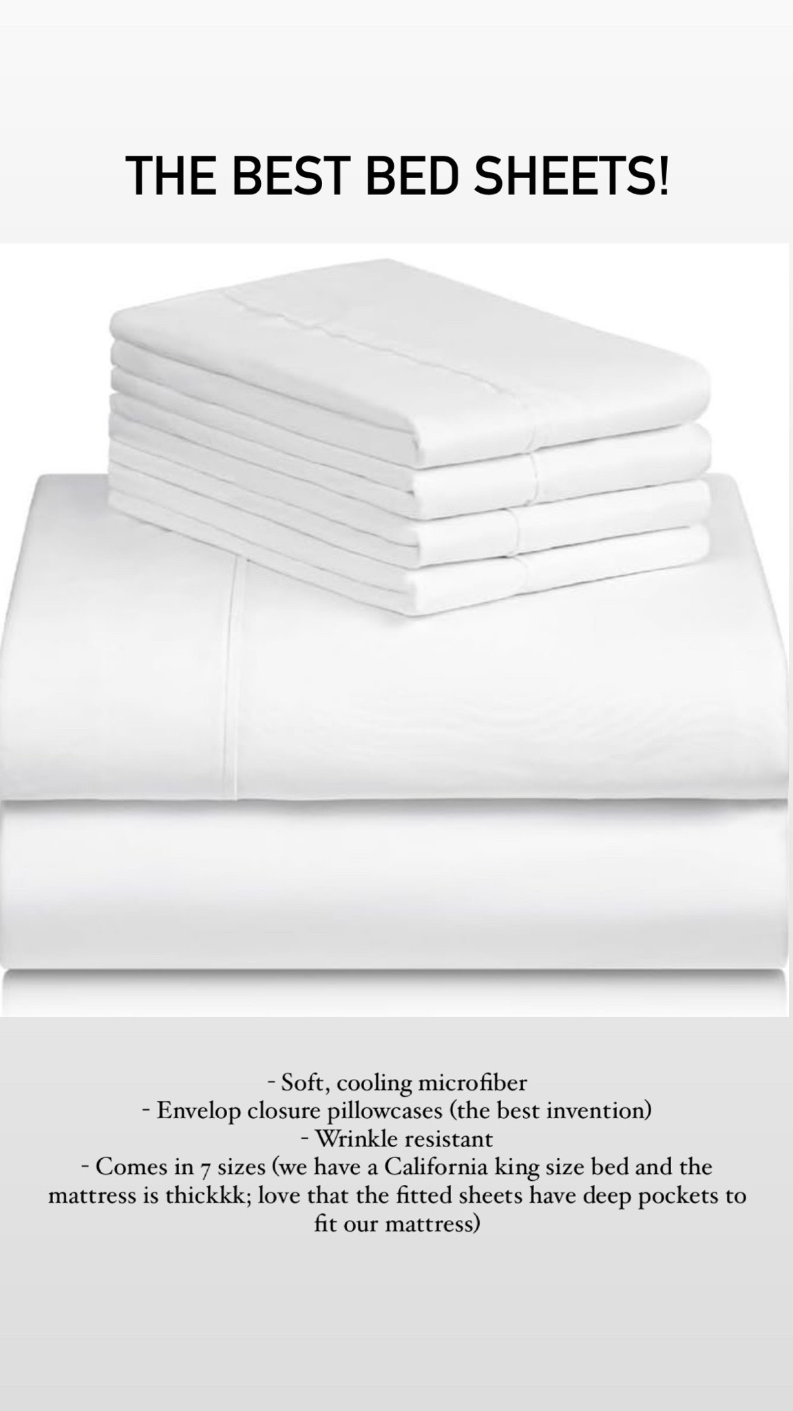 The best bed sheets! 👌
- Soft, cooling microfiber 
- Envelop closure pillowcases (the best invention)
- Wrinkle resistant
- Comes in 7 sizes (we have a California king size bed and the mattress is thickkk; love that the fitted sheets have deep pockets to fit our mattress) 

Bedroom, bed sheets, Amazon, under $50, The Stylizt 



#LTKHome #LTKFindsUnder50