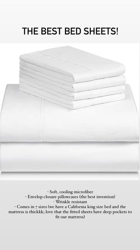 The best bed sheets! 👌
- Soft, cooling microfiber 
- Envelop closure pillowcases (the best invention)
- Wrinkle resistant
- Comes in 7 sizes (we have a California king size bed and the mattress is thickkk; love that the fitted sheets have deep pockets to fit our mattress) 

Bedroom, bed sheets, Amazon, under $50, The Stylizt 



#LTKHome #LTKFindsUnder50
