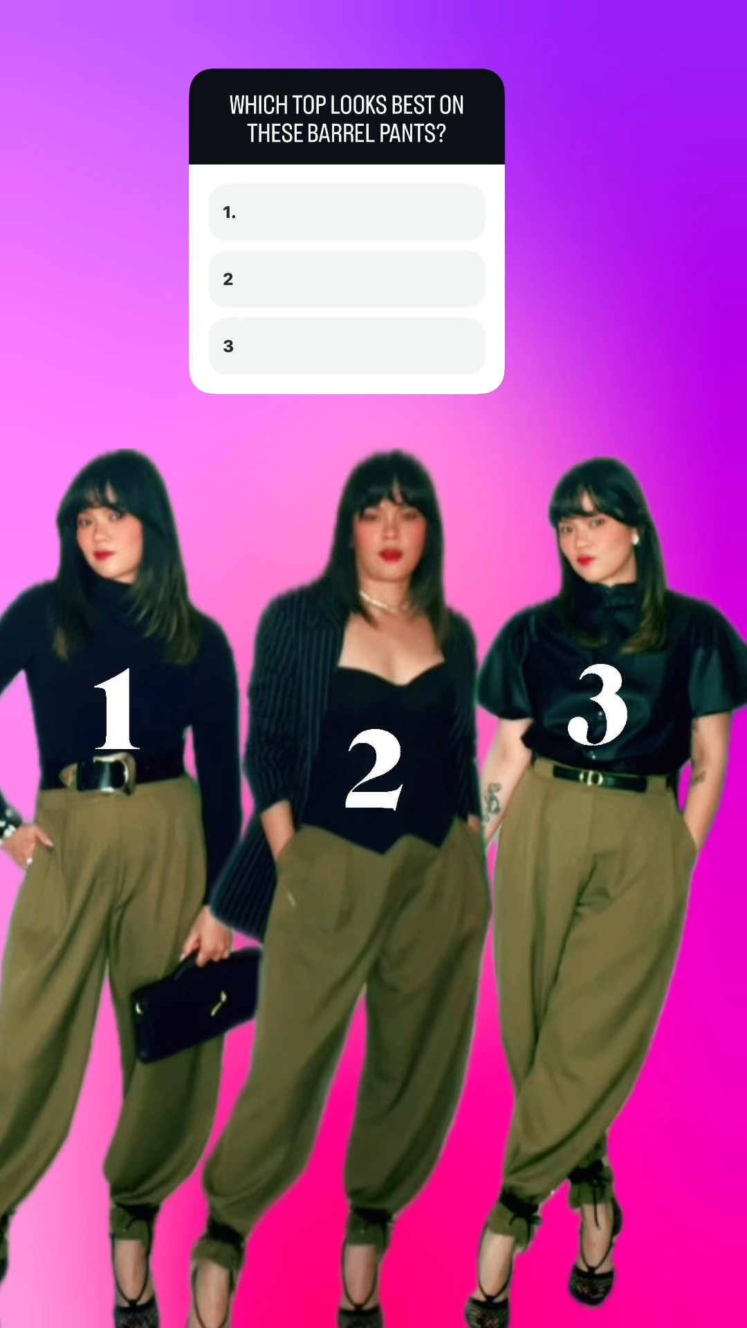 I’m going to an Art show this Friday and I need help picking the right top that goes with these khakis barrel trousers. 
These trousers are MONEY!! 🤌🏽 by the way.
Option 1: black long sleeve mock neck basic top.
Option 2: Black pin stripe bustier corset with a matching blazer.
Option 3: Black faux leather puff sleeve buttoned down blouse. 

#LTKOver40 #LTKootd #LTKPetite