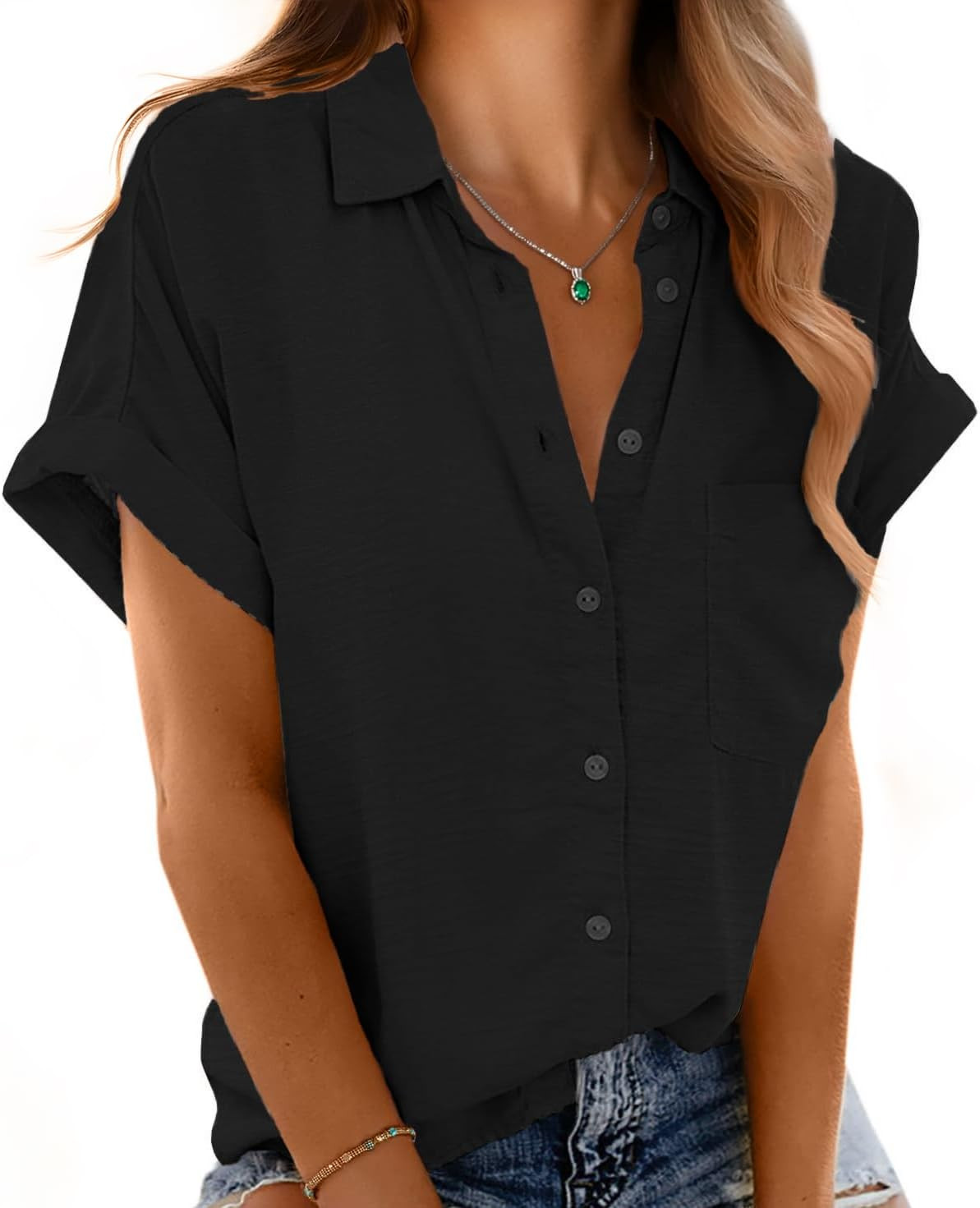 Button Down Short Sleeve Shirts for Women V Neck Loose Roll Up Collared Shirt Casual Summer Tops with Pockets | Amazon (US)