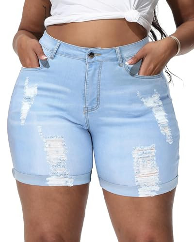 Gocolloa Womens Plus Size Jean Shorts Stretchy High Waisted Distressed Fold Hem Denim Shorts Light Blue 24W | Amazon (US)