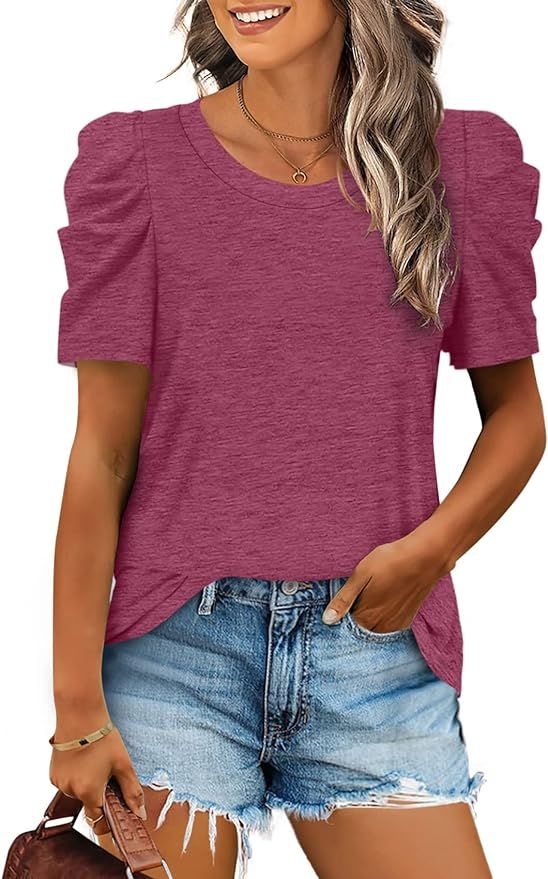XIEERDUO Women's Shirts Crewneck Puff Sleeve Tops Dressy Casual Tshirts Flowy | Amazon (US)