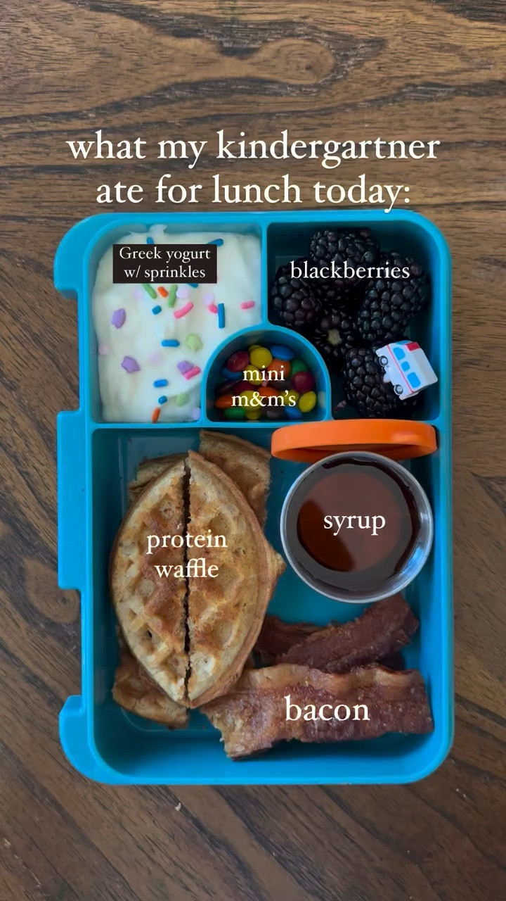 Here's what my kindergartener ate for lunch today!
This is one of his favorite meals I pack! These little sauce cups from Amazon have been game changers, and klike them because they're easy for him to open and shut on his own. He is a little bit of a picky eater with a peanut allergy.
greek yogurt with sprinkles @kodiakcakes protein waffle, cut into dippers
bacon
maple syrup blackberries

crispy bacon
mini @mmschocolate
Griff's lunchbox and all of our lunch accessories are over on my LTK and amazon storefront
#kindergarten #kindergartener #toddlerlunch #kidlunch #lunchideas #lunchbox 

#LTKKids #LTKVideo #LTKHome