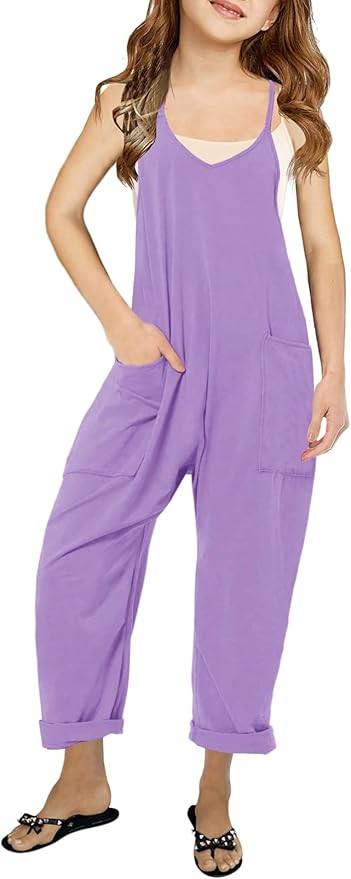 Cnkwei Girls' Casual Sleeveless Jumpsuits Spaghetti Strap Loose Romper Long Pants with Pockets | Amazon (US)