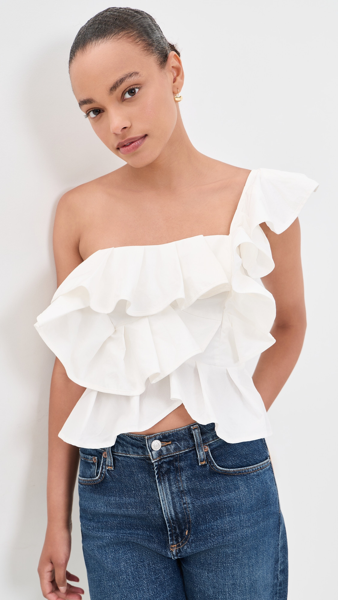 English Factory One Shoulder Ruffle Top White L | Shopbop