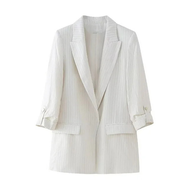 qolati Women 3/4 Sleeve Blazer Notch Lapel Open Front Cardigan Jacket Stripe Printed Work Office ... | Walmart (US)