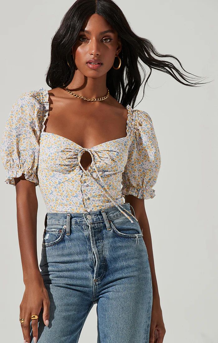 Lace Up Floral Tie Front Puff Sleeve Top | ASTR The Label (US)