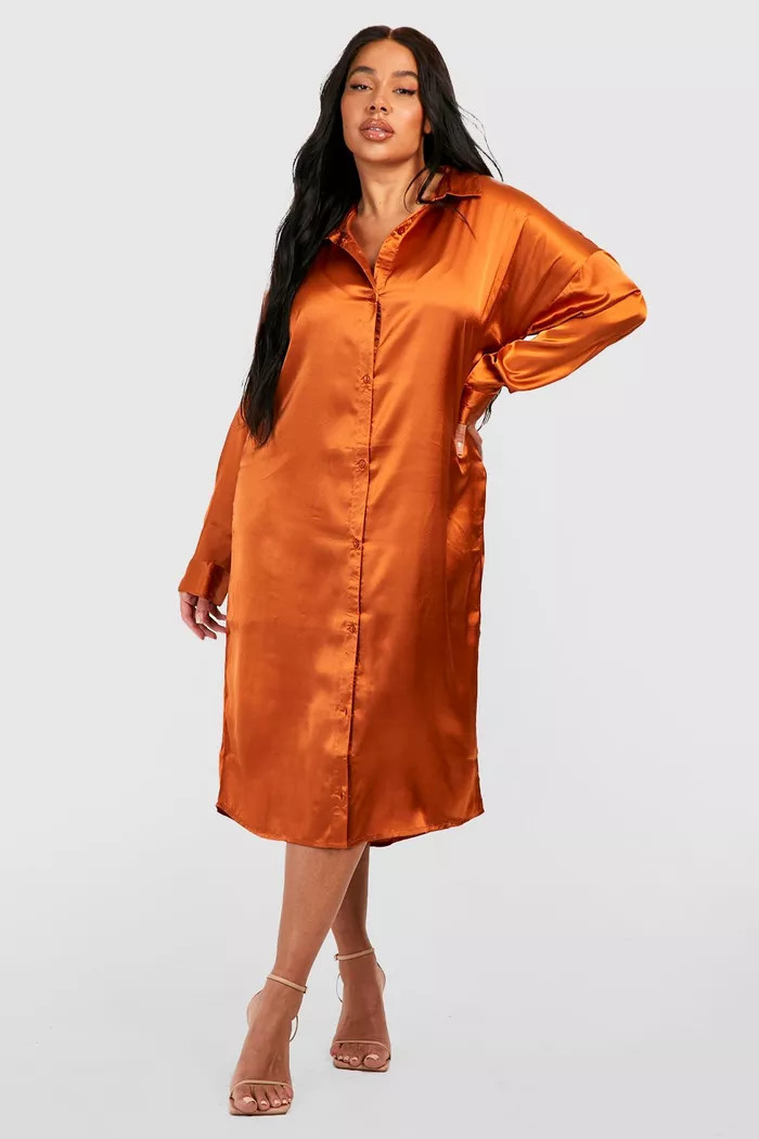 Plus Satin Midi Shirt Dress | Boohoo.com (UK & IE)