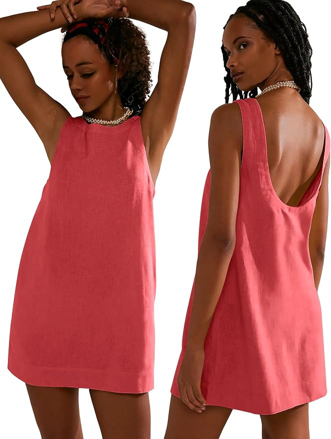 VIUTIL Womens Summer Linen Mini Dress Boat Neck Low Back Sleeveless Tank Dresses with Pockets 202... | Amazon (US)
