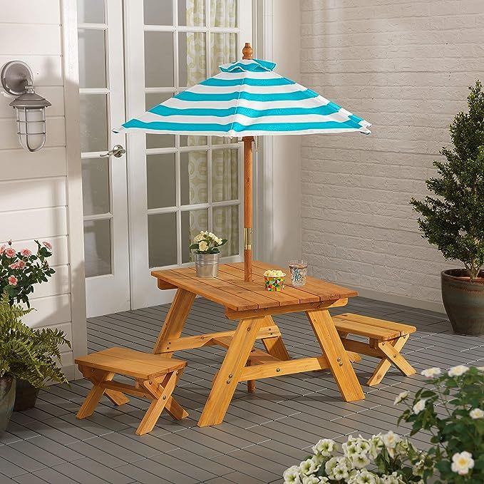 KidKraft KidKraft Wooden Outdoor Table & Bench Set with Striped Umbrella, Children's Furniture ... | Amazon (US)