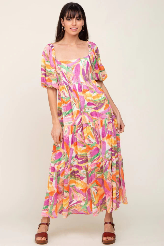 Orange Brush Print Chiffon Square Neck Maternity Maxi Dress | PinkBlush Maternity