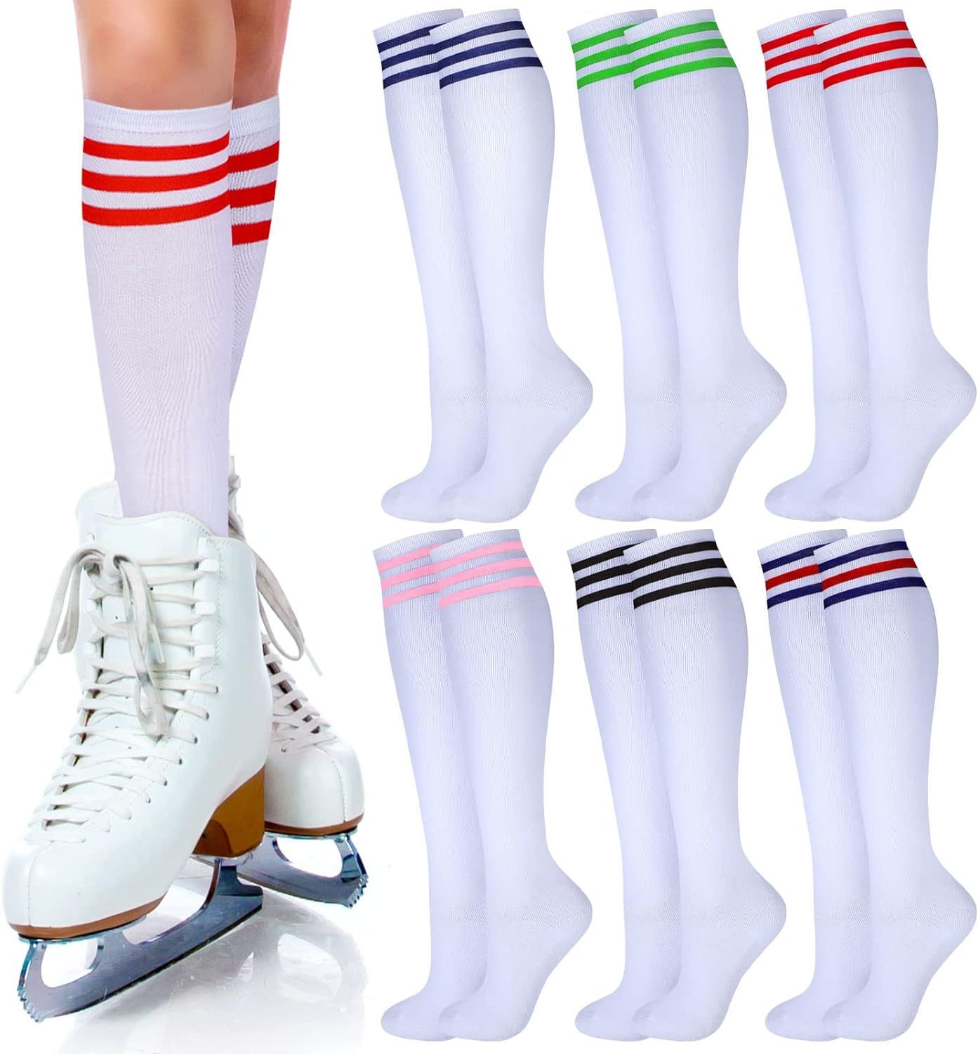 6 Pairs Roller Skate Socks Knee Socks Skating Athletic Sport Socks Striped Tube Sock for Men Wome... | Amazon (US)