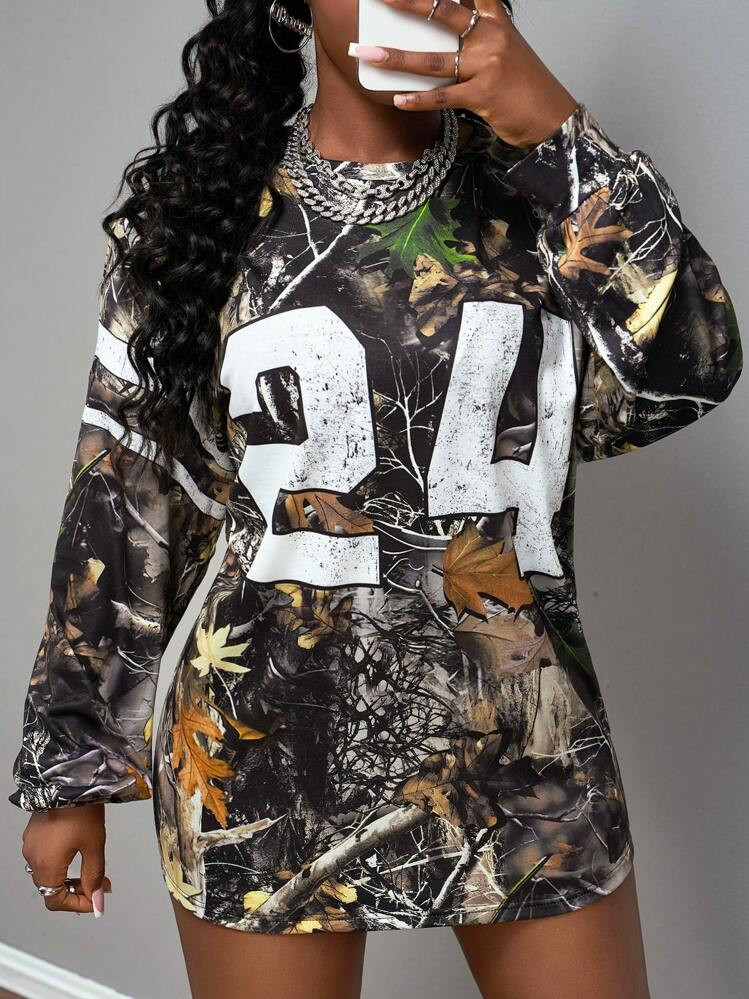 Slaydiva 2025 Autumn/Winter New Casual Street Sports Style Daily Dating Music Festival Round Neck Long Sleeve Drop Shoulder Ultra Loose T-Shirt With 24 Digital Dead Leaves And Branches Full Print Camo Outfits For Women Halloween Y2k Fall Camo Set Women S 2 Piece Set 2 Piece Lounge Sets Woman Camo Plus Size | SHEIN