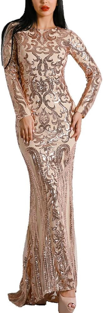 Women Sexy O Neck Long Sleeve Retro Sequin Maxi Gorgeous Dress | Amazon (US)