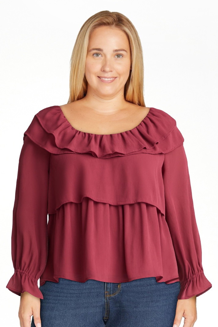 Time and Tru Women's Ruffle Neck Blouse with Long Sleeves, Sizes XS-3XL | Walmart (US)