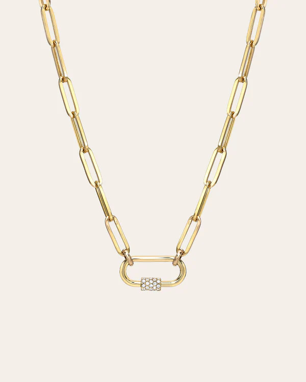 14k Gold Large Paper Clip Chain with Diamond Carabiner Necklace | Zoe Lev Jewelry