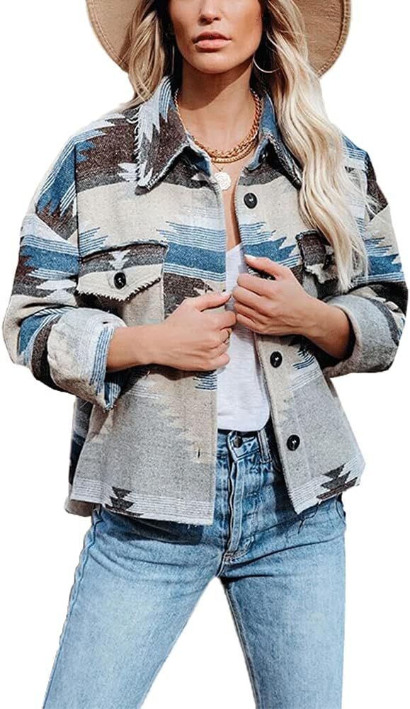 chouyatou Women's Tribal Aztec Pattern Button Down Trucker Shirt Jacket Shacket Coat (Medium, Cof... | Amazon (US)