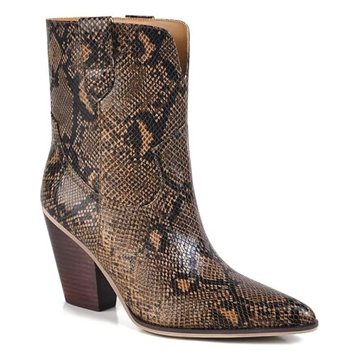 LUXMUWA Snakeskin Ankle Boots for Women Pointed Toe Brown Snake Booties Chunky Block Heel Pull on Snake Skin Fall Short Boot Size 7 | Amazon (US)