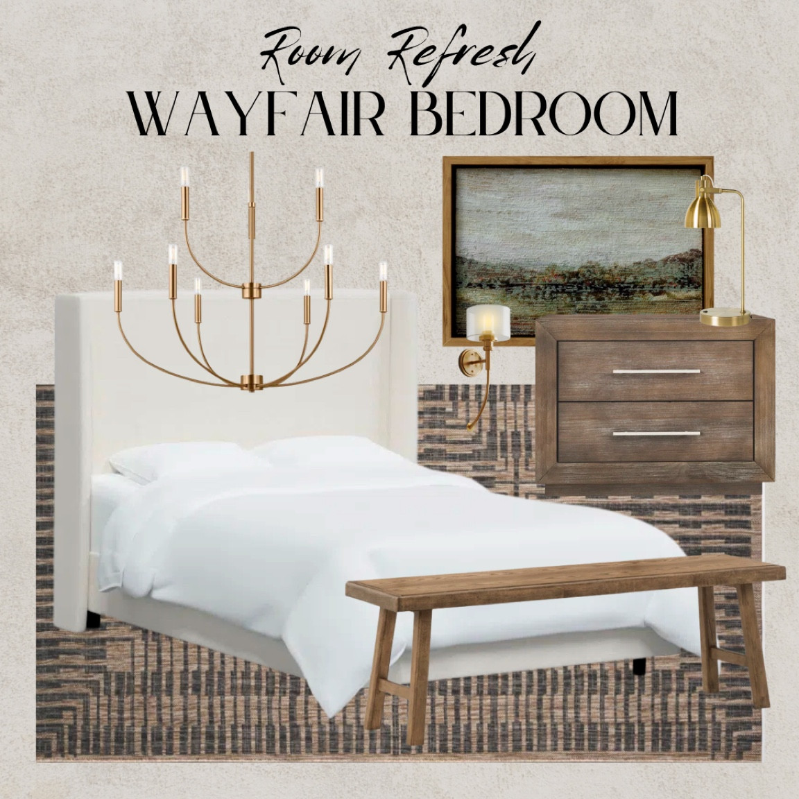 Wayfair bedroom refresh! #wayfair #wayfairsale #wayfairfind #ltk #ltksalealert wood bench wall art wood nightstand gold chandelier gold light upholstered bed frame white bed frame gold lamp gold sconce patterned rug jute rug outdoor rug brown rug black rug

#LTKFind #LTKhome #LTKSale