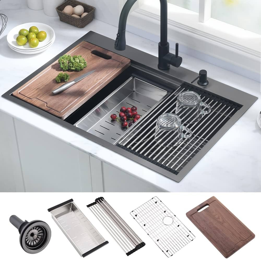 33 Inch Black Drop In Kitchen Sink Workstation-Hovheir 33x22 Black Stainless Steel Kitchen Sink D... | Amazon (US)