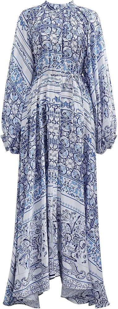 CHICWISH Women Blue Printed Full Pleated Maxi Dress Long Bubble Sleeves Button High Waist Summer ... | Amazon (US)