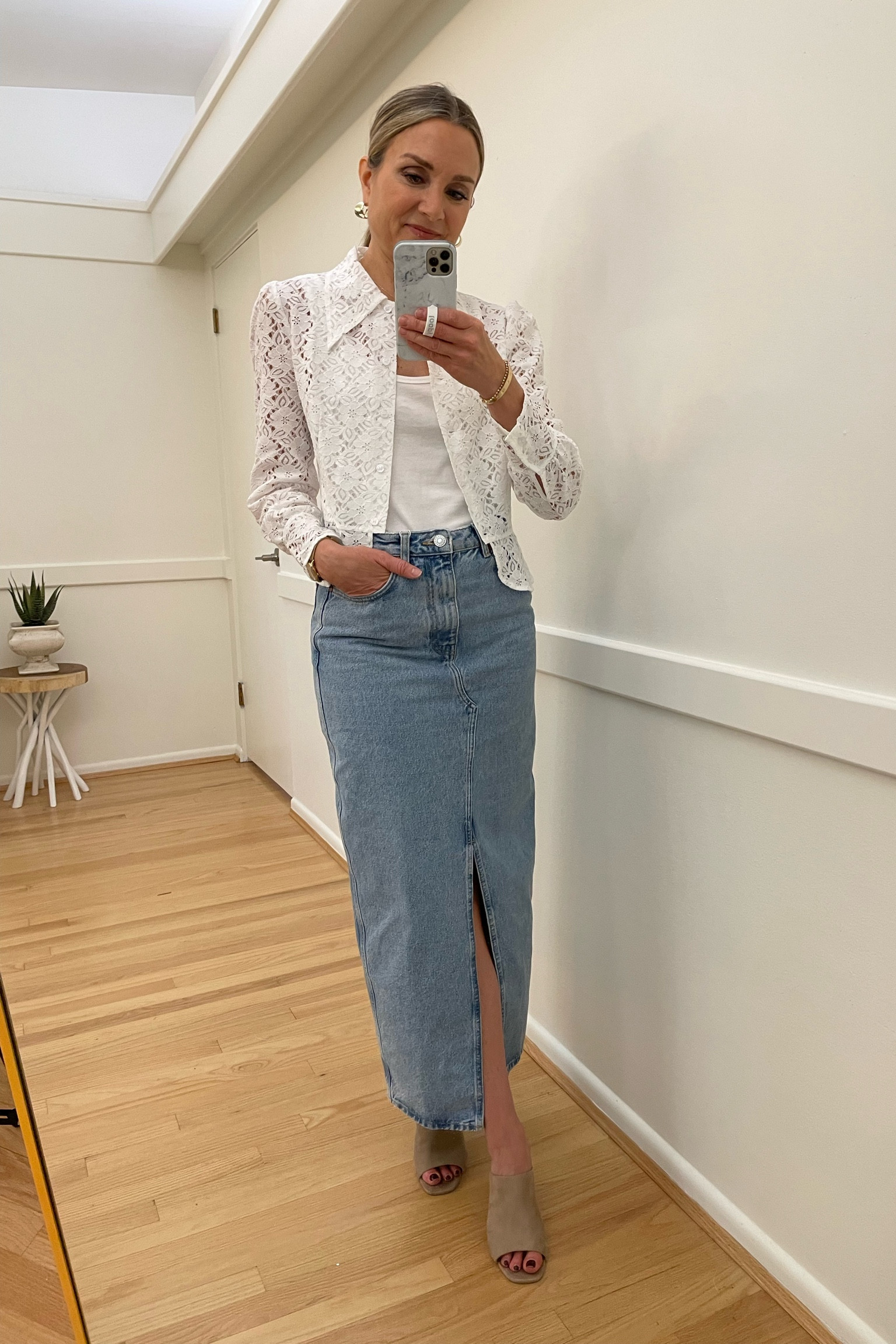 Prettiest sheer lace blouse and love this denim midi skirt! Wearing an XS in blouse and small in skirt. Love these mules for spring transition outfits!

Molly Bracken, mango, wedding shower outfit, workwear, Easter outfit, baby shower outfit, midi skirt, spring outfit 

#LTKsalealert #LTKunder100 #LTKunder50