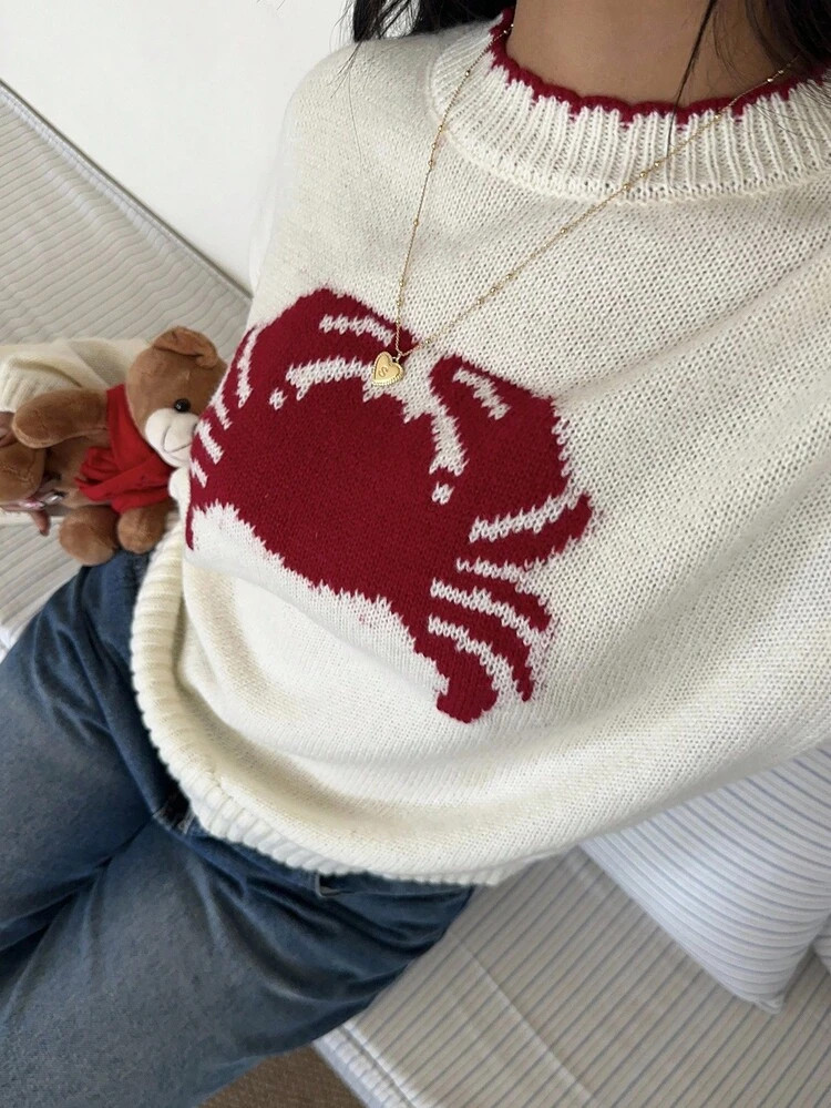 SHEIN EZwear Women's Contrast Color Knitted Crew Neck Long Sleeve Sweater In Fall/Winter | SHEIN