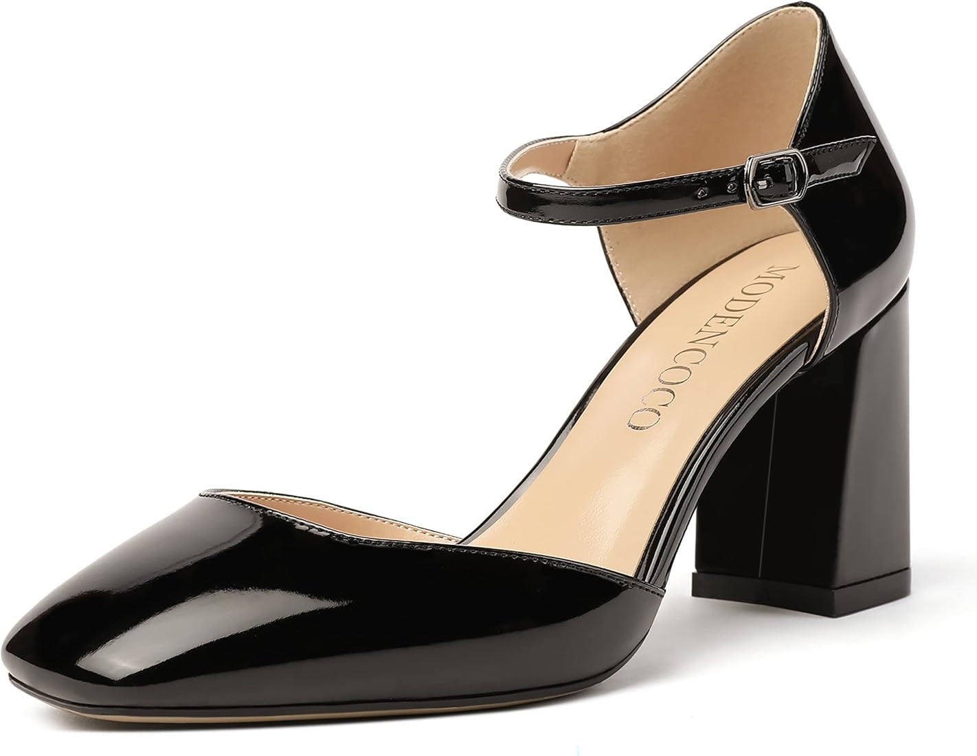 MODENCOCO Women's Ankle Strap Buckle Solid Square Toe Patent Block High Heel Pumps Shoes 3 Inch | Amazon (US)
