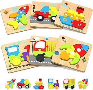 Yetonamr Wooden Toddler Puzzles Gifts Toys for 1 2 3 Years Old Boys Girls, 6 Vehicle Shape Montes... | Amazon (US)