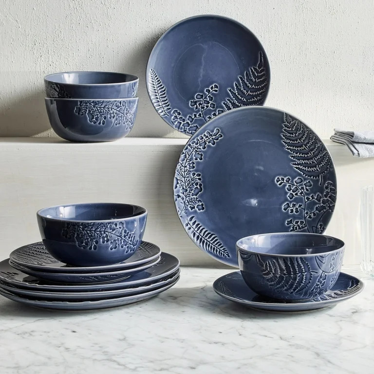 Better Homes & Gardens Ellie Blue Stoneware 12 Piece Dinnerware Set | Walmart (US)