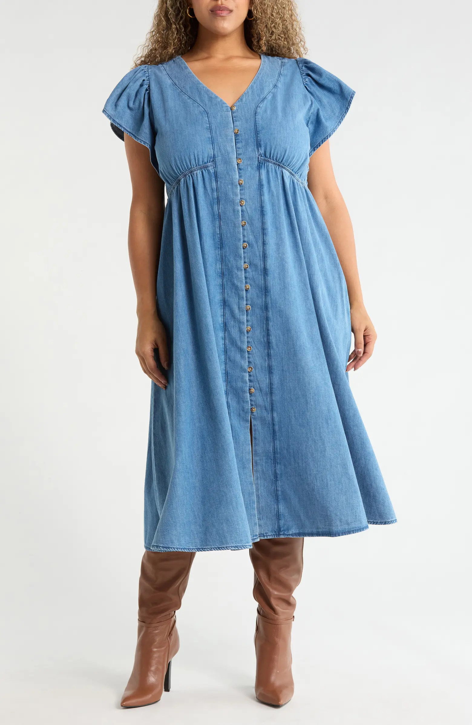 Flutter Sleeve Chambray Midi Dress | Nordstrom