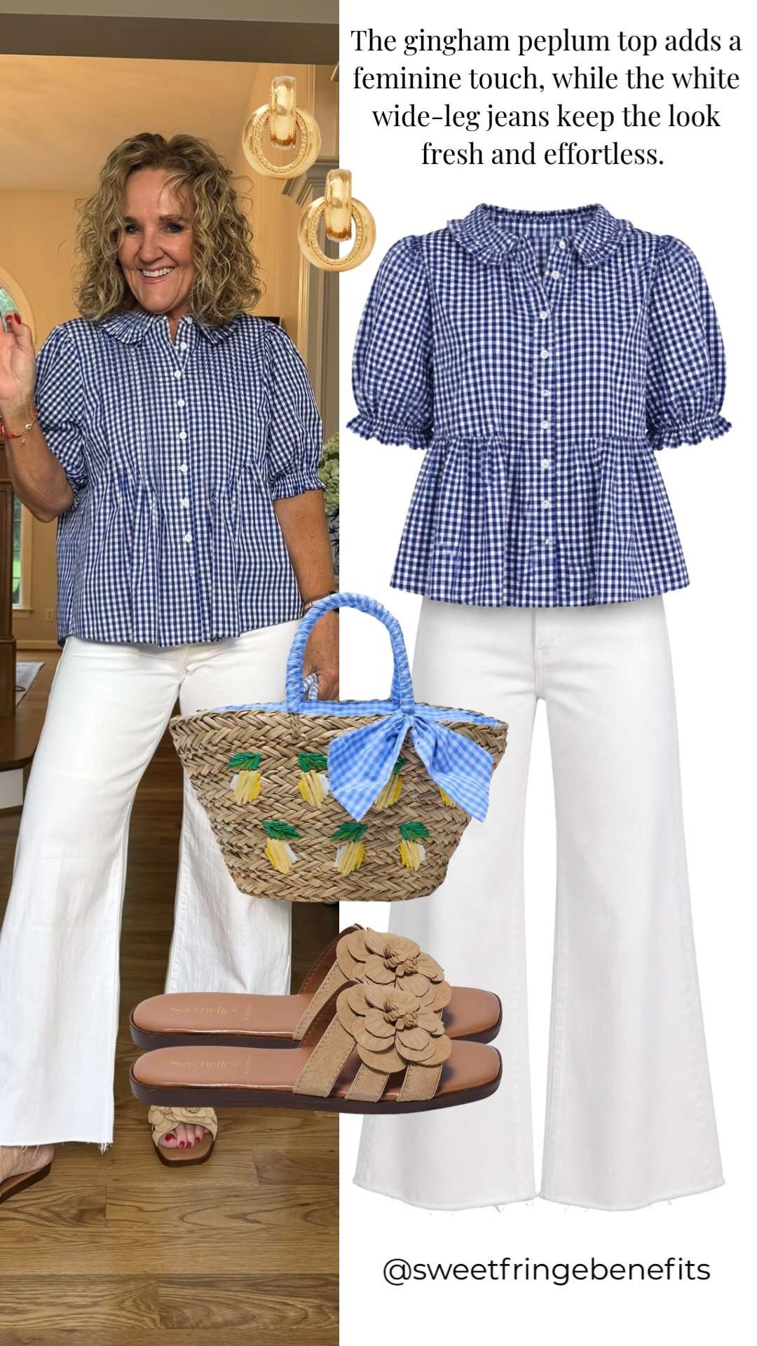 This blue gingham blouse is the kind of top that makes getting dressed easy. The feminine collar, relaxed babydoll fit, and crisp white wide leg jeans create the perfect summer outfit.

💡 LTK MADE EASY

❤️ Heart = Support my posts
🔖 Save = Get sale & restock alerts
📋 Lists = Keep favorites organized
📲 Share = Send to yourself for later
💬 Comment = Ask me anything 

 #LTKootd #LTKSeasonal #LTKOver40