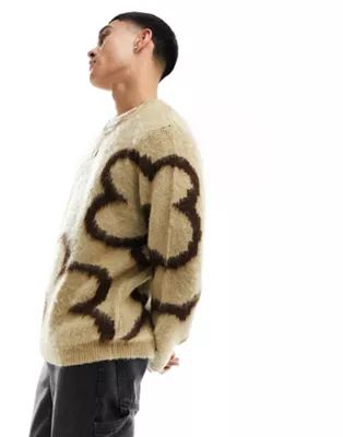 ASOS DESIGN fluffy relaxed jumper in stone and brown florals | ASOS (Global)