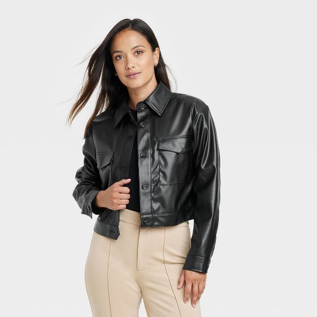 Women's Cropped Faux Leather Bomber Jacket - A New Day™ | Target