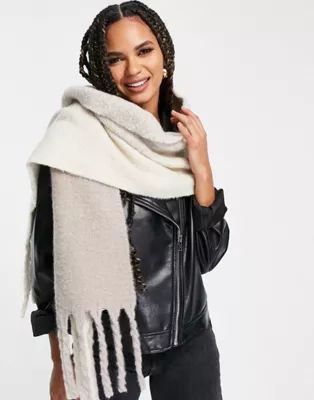 ASOS DESIGN two tone fluffy scarf with tassels in beige | ASOS (Global)