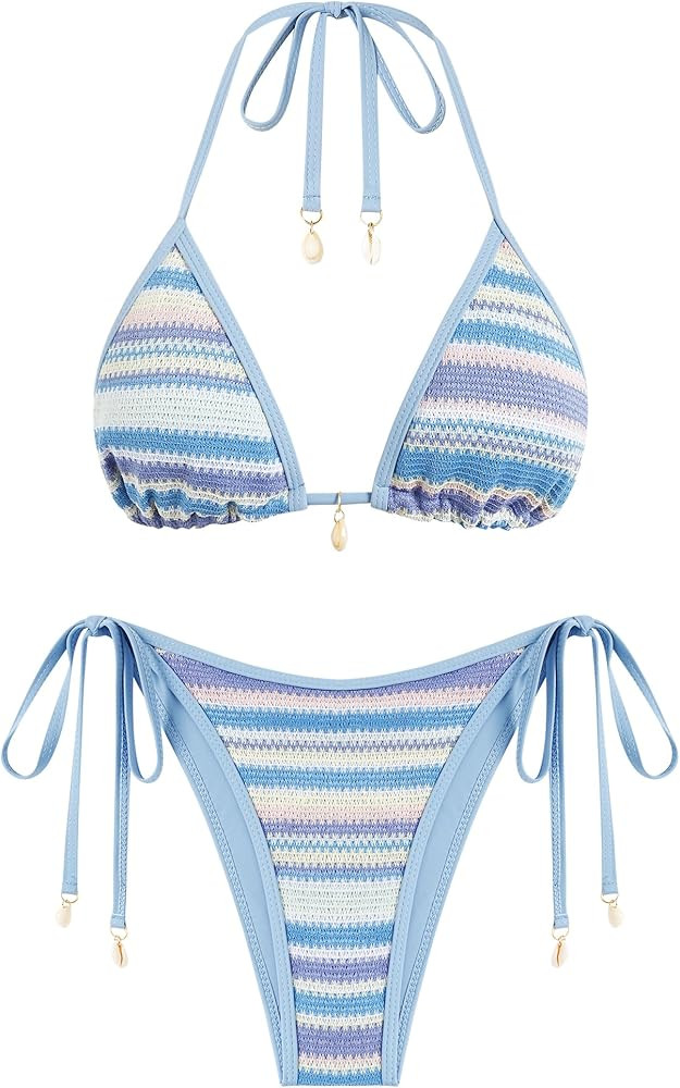 ZAFUL Women's Colorblock Stripes Triangle Halter Tied Cheeky Thong Bikini Set High Cut Two Piece ... | Amazon (US)