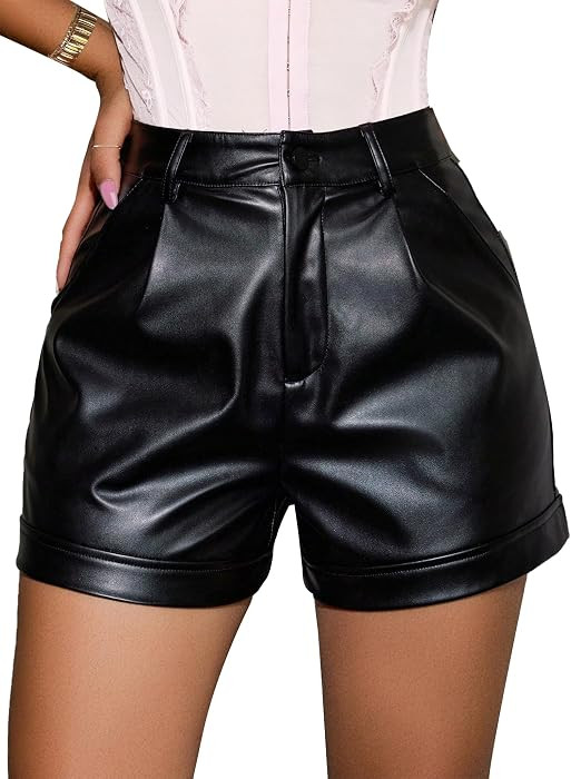 Avanova Women Faux Leather High Waisted Shorts Pleated Casual Summer Shorts | Amazon (US)